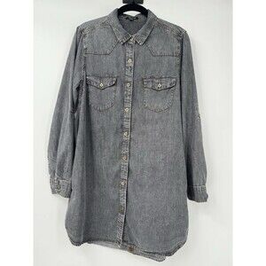 Timing Chambray Cotton Shirt Dress M Pockets Dark Grey Roll Tab Sleeve Summer